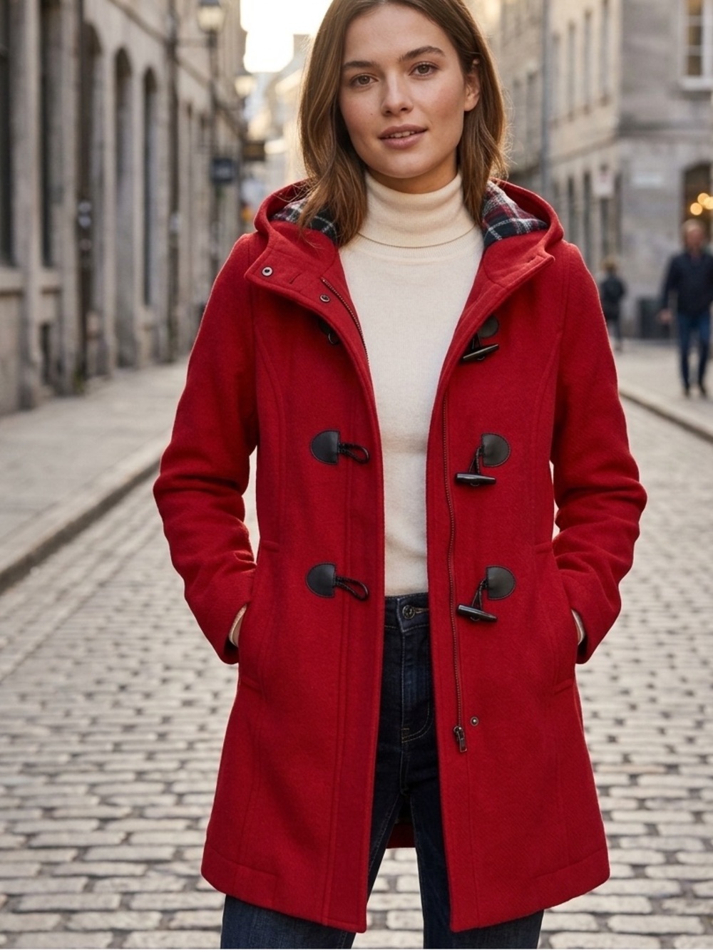 Forever 21 Red Hooded Coat with Plaid Lining